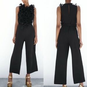 Zara Wide Leg Black Ruffled Jumpsuit Size S Evening Event Feminine Date Night